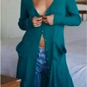 Longline Teal Button-Front Tunic Cardigan
